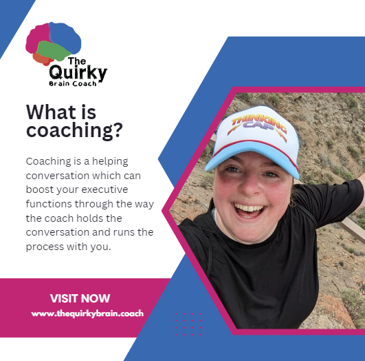 Becci is smiling and wearing the thinking cap from Stranger Things on TV. She is hiking. She looks highly motivated and happy. "What is coaching? Coaching is a helping conversation which can boost your executive functions through the way the coach holds the conversation and runs the process with you."